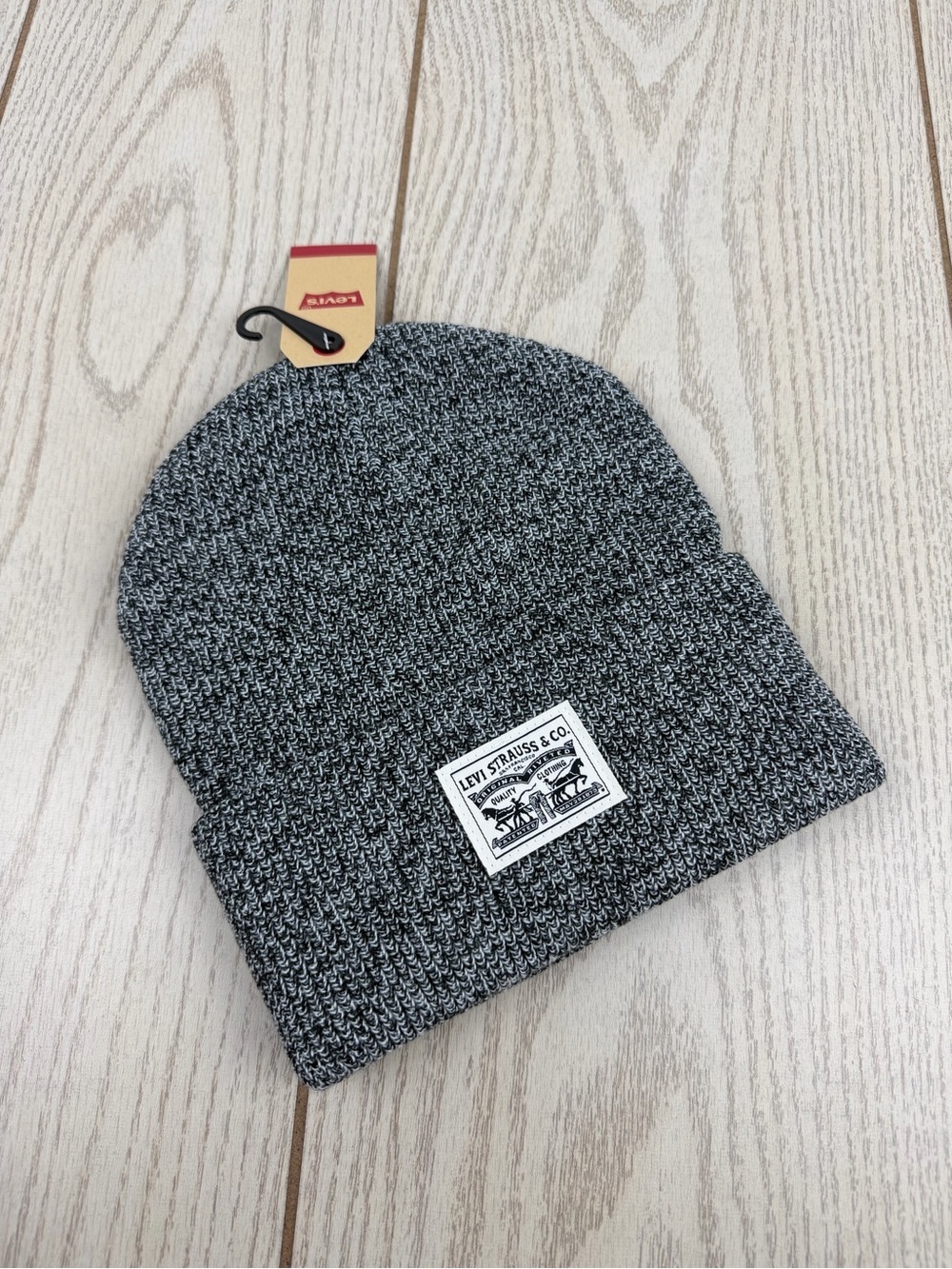 Levi's Men's Cardigan Knit Beanie with Cream Logo Patch OS Marl Grey $30